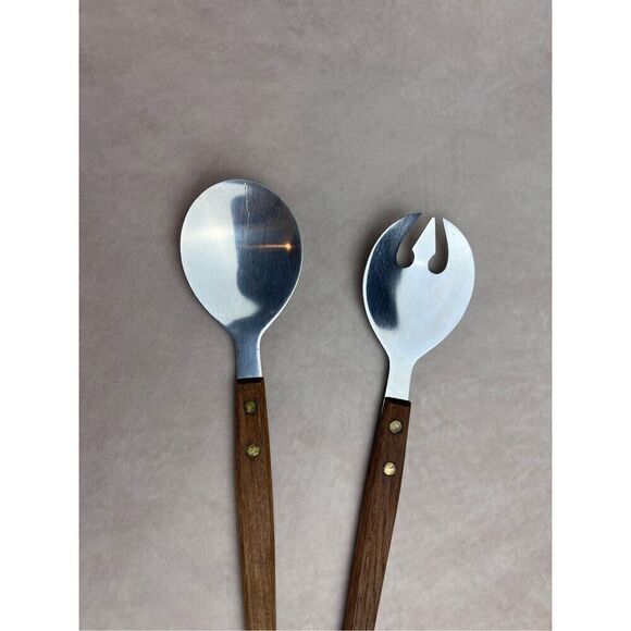 Vintage 1970s Stainless Steel Salad Fork Spoon Wood Handle Mid Century Modern Ja - Picture 2 of 5